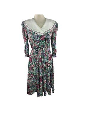 Vtg 80s Sz 8P Whirlaway Frocks Floral Midi Dress White Collar Made in the USA